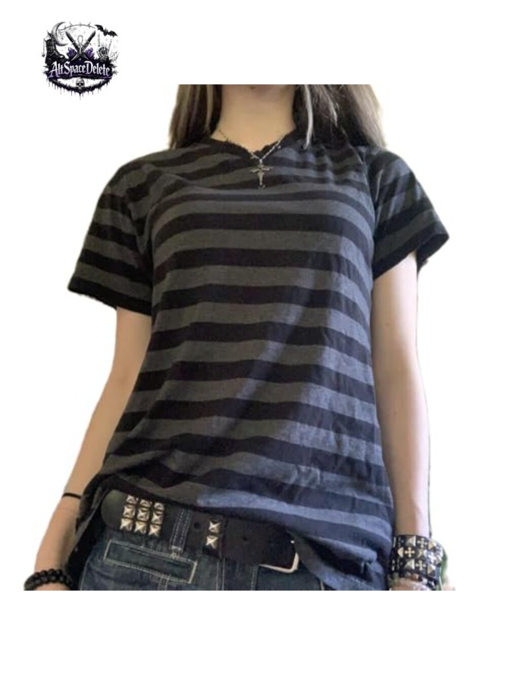 Y2K Grunge Striped T-Shirt with Butterfly Gothic Details